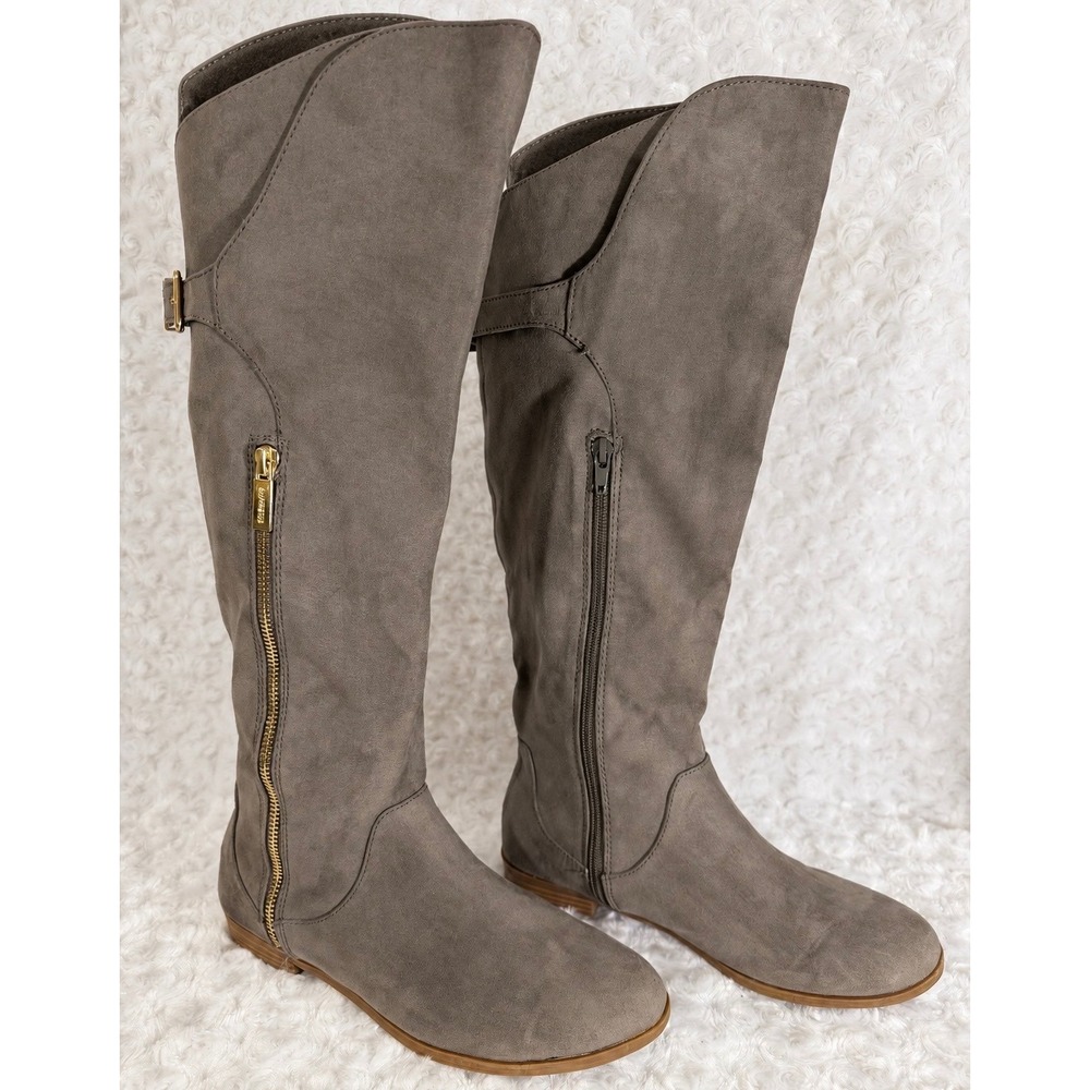 Express Womens Size 8 Taupe Faux Suede Over The Knee Flat Riding Gold Zip Boots